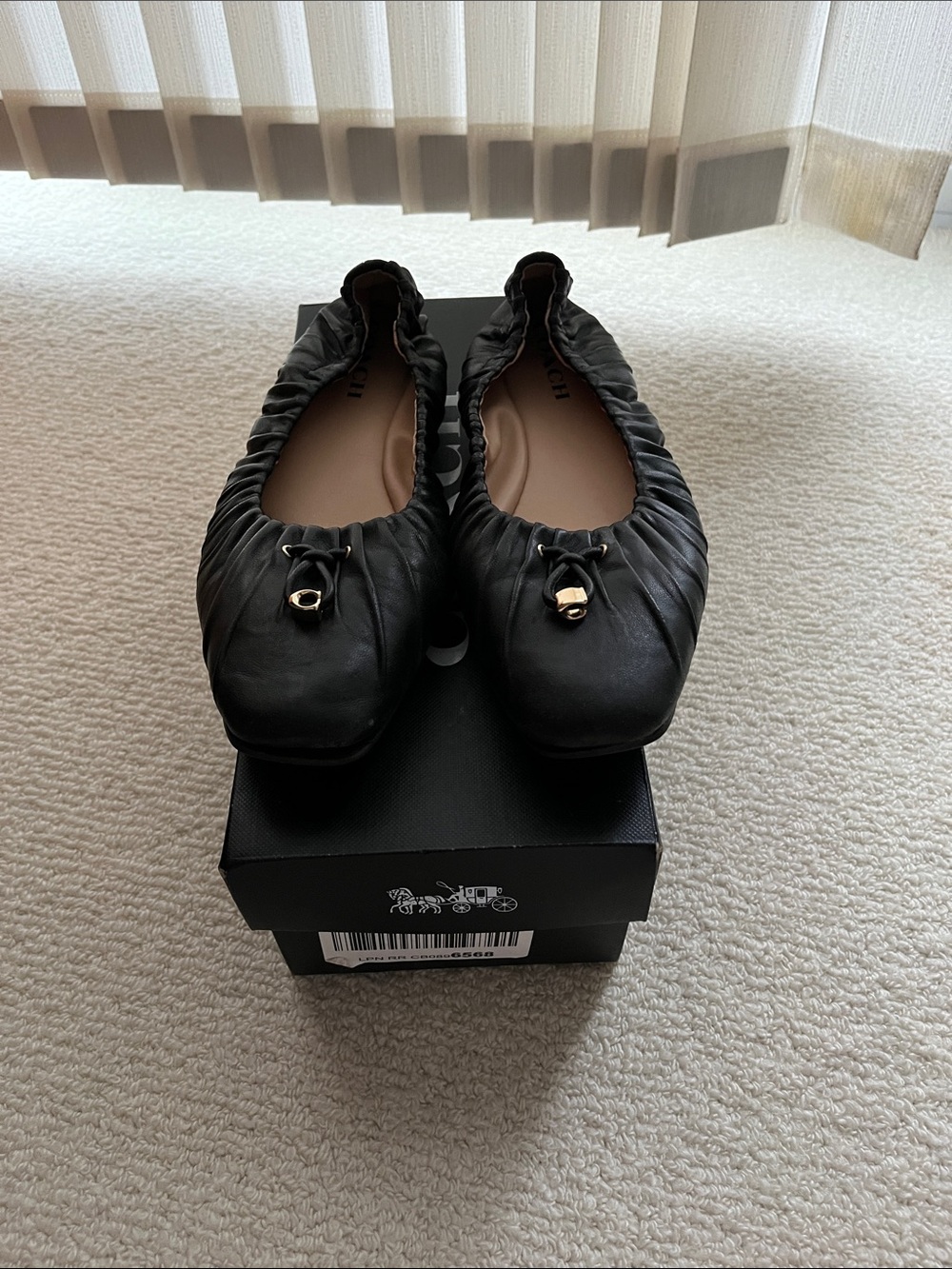 Coach Black Ruched Leather Ballet Flats with Gold Hardware